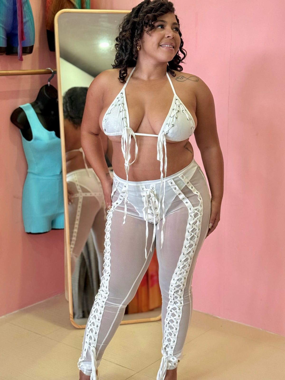 RING MESH LACE UP2PC PANTS SET