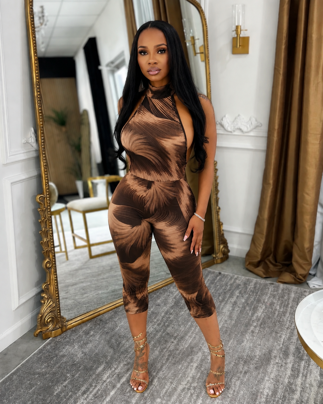 HALTER OPEN BACK ZEBRA CAPRI JUMPSUIT