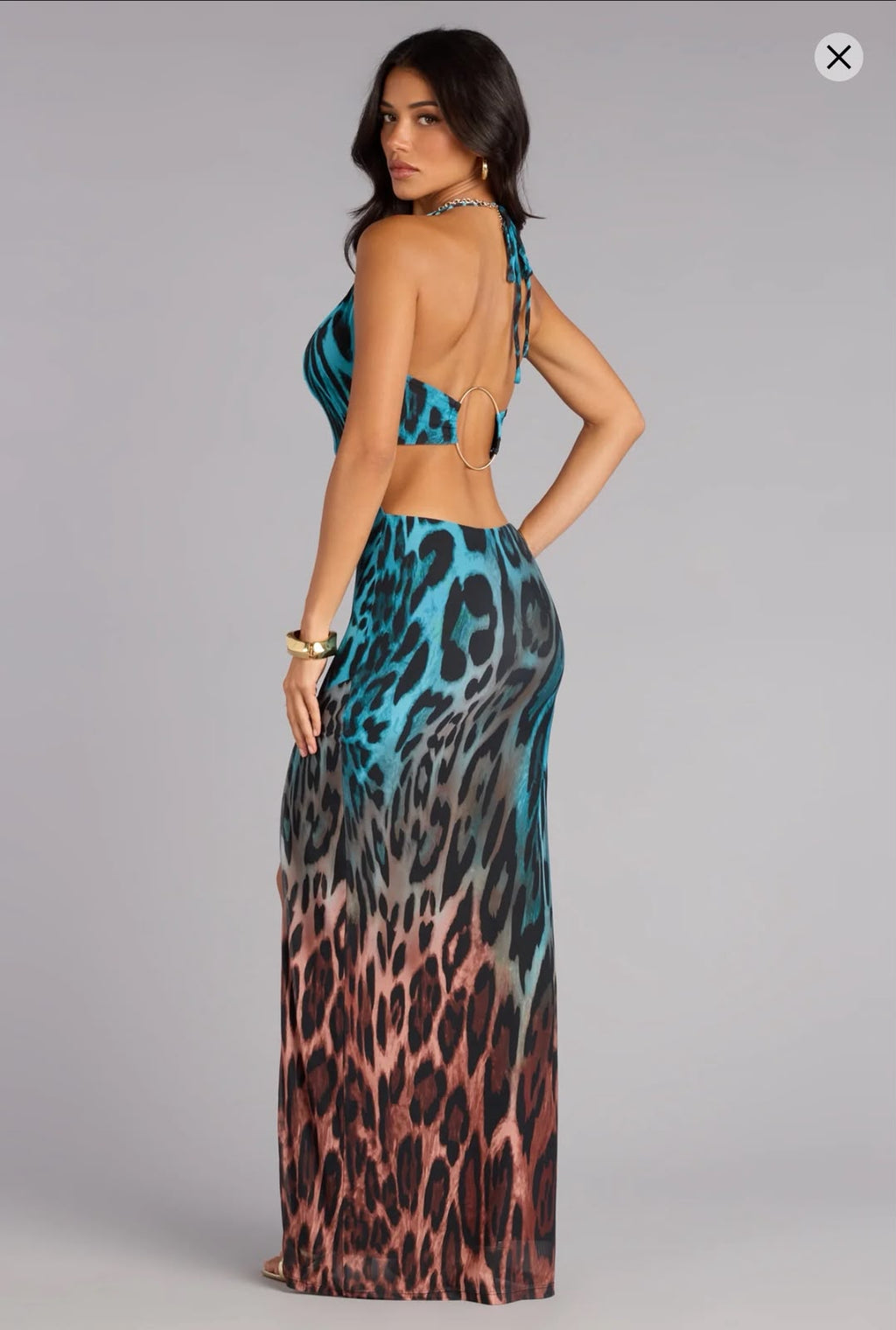 LEOPARD HALTER RING BACK MAXI DRESS