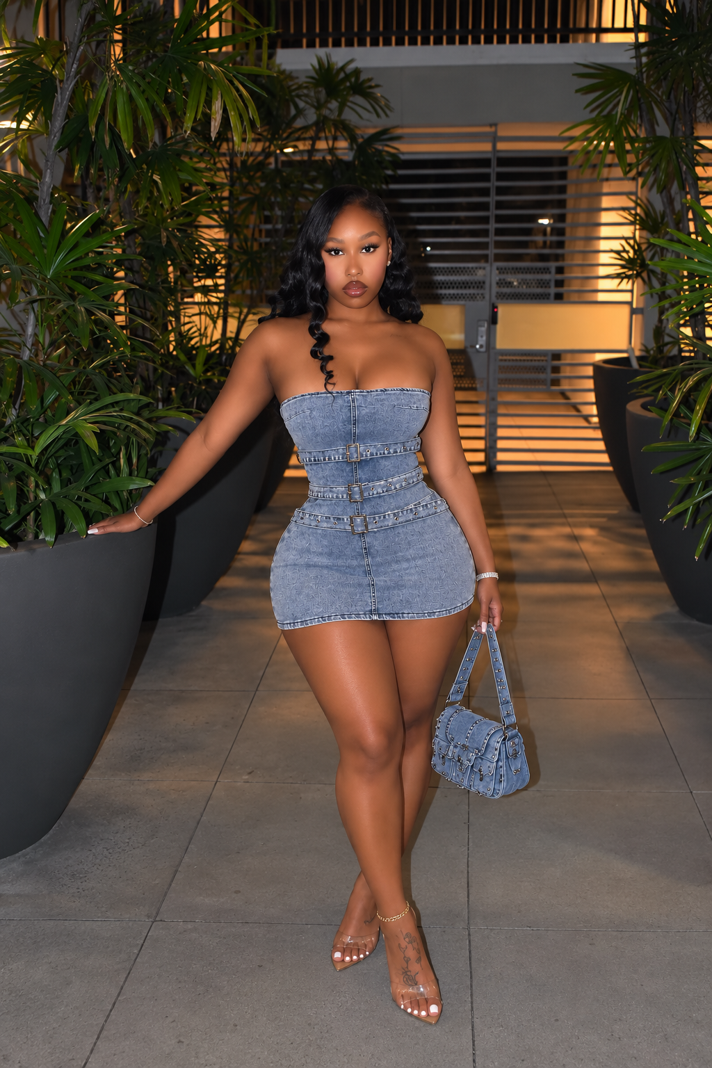 TUBE DENIM BELT MINI DRESS