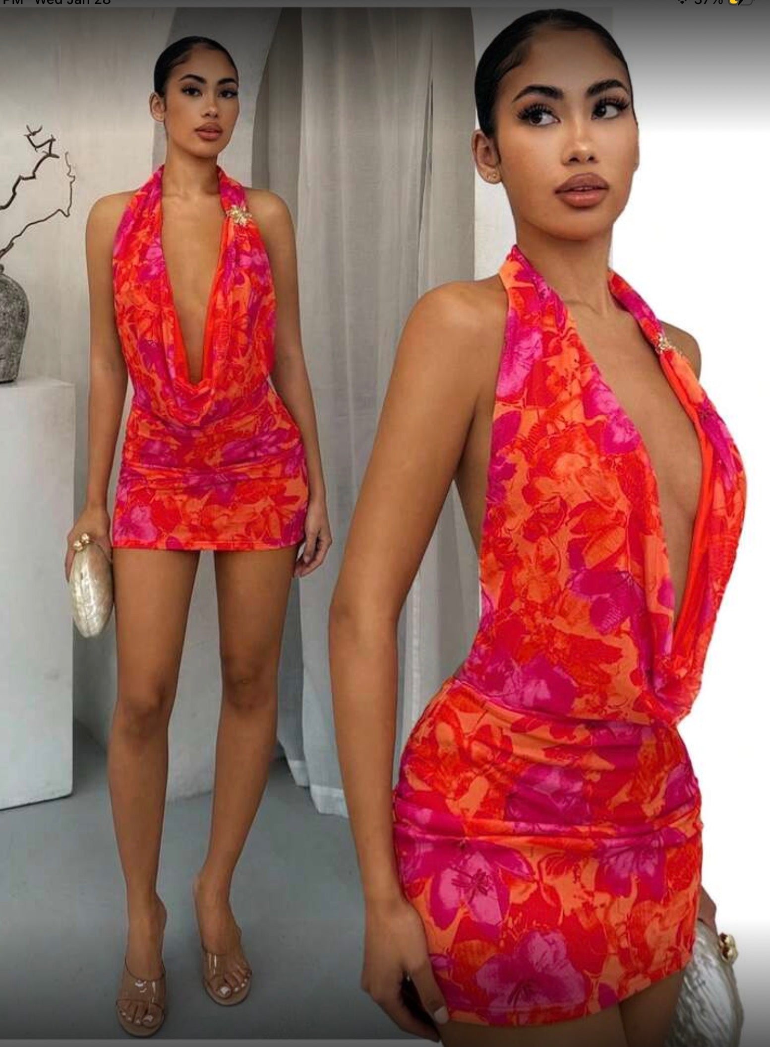 Floral Print Low Cut Open Back Mini Dress