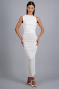 Ruched Backless Gold Brooch Maxi Dress