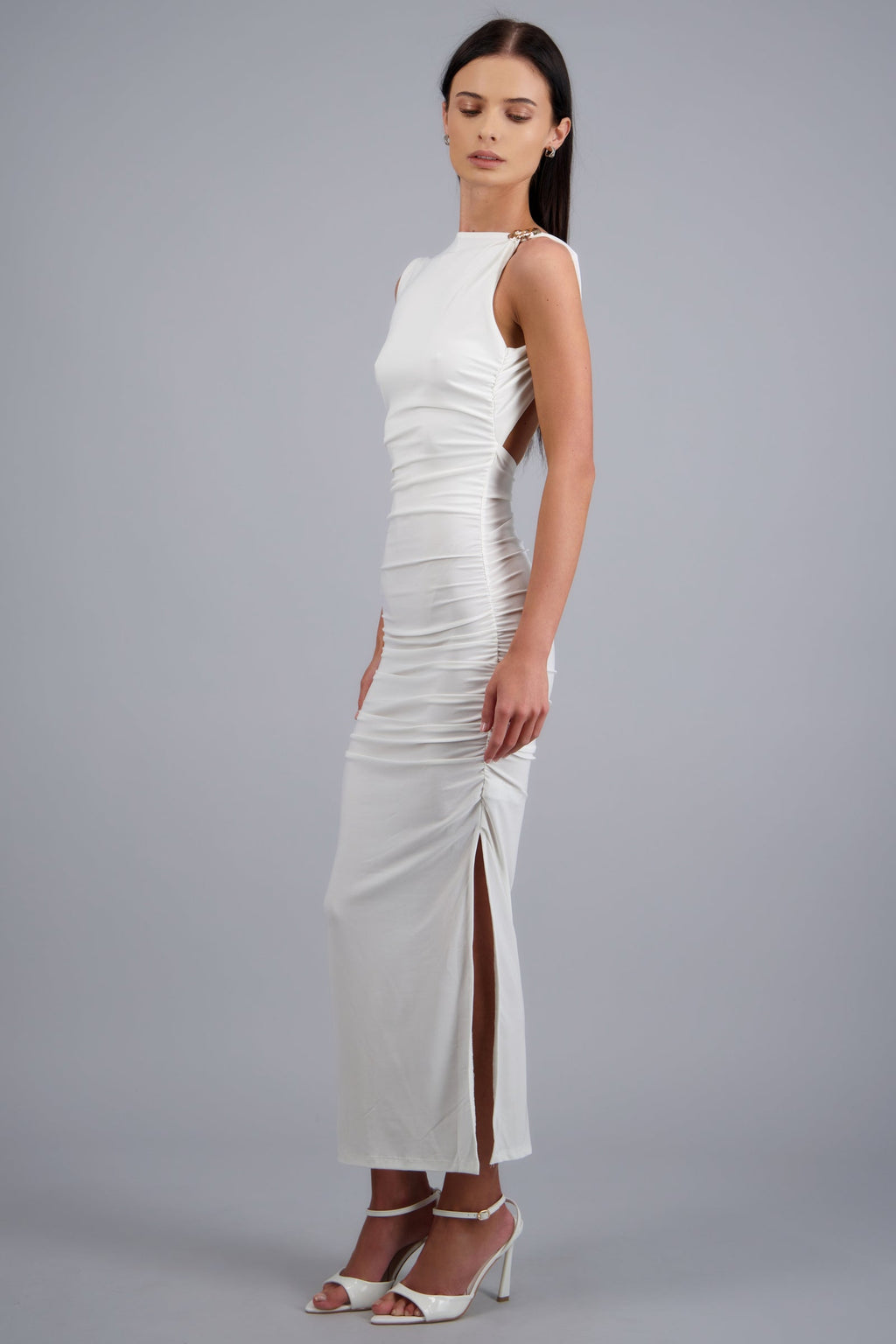 Ruched Backless Gold Brooch Maxi Dress