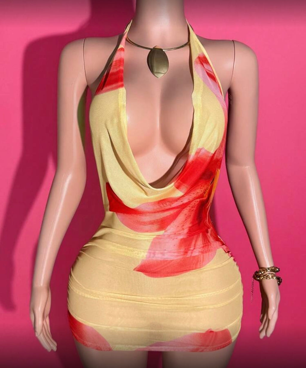 Hibiscus Mesh Halter Mini Dress
