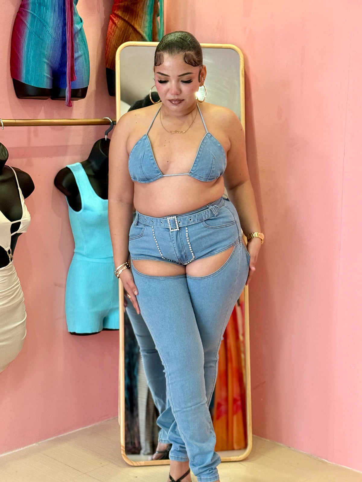 CUT OUT DENIM RHINESTONE 2PC SET