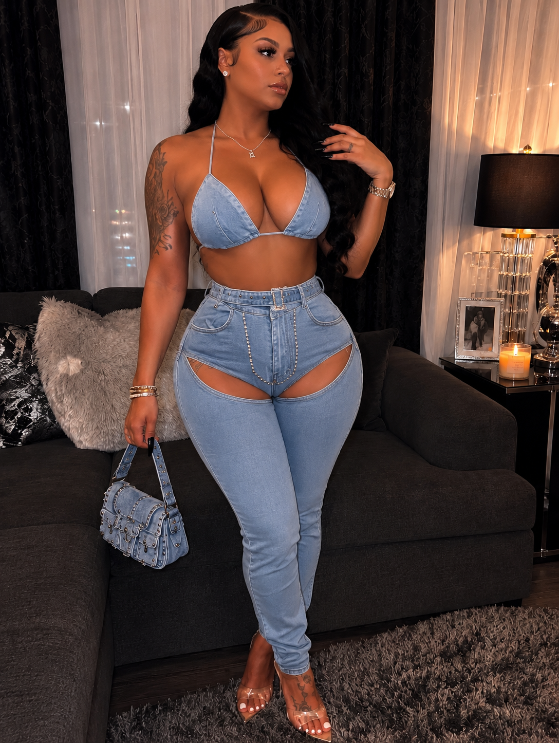 CUT OUT DENIM RHINESTONE 2PC SET