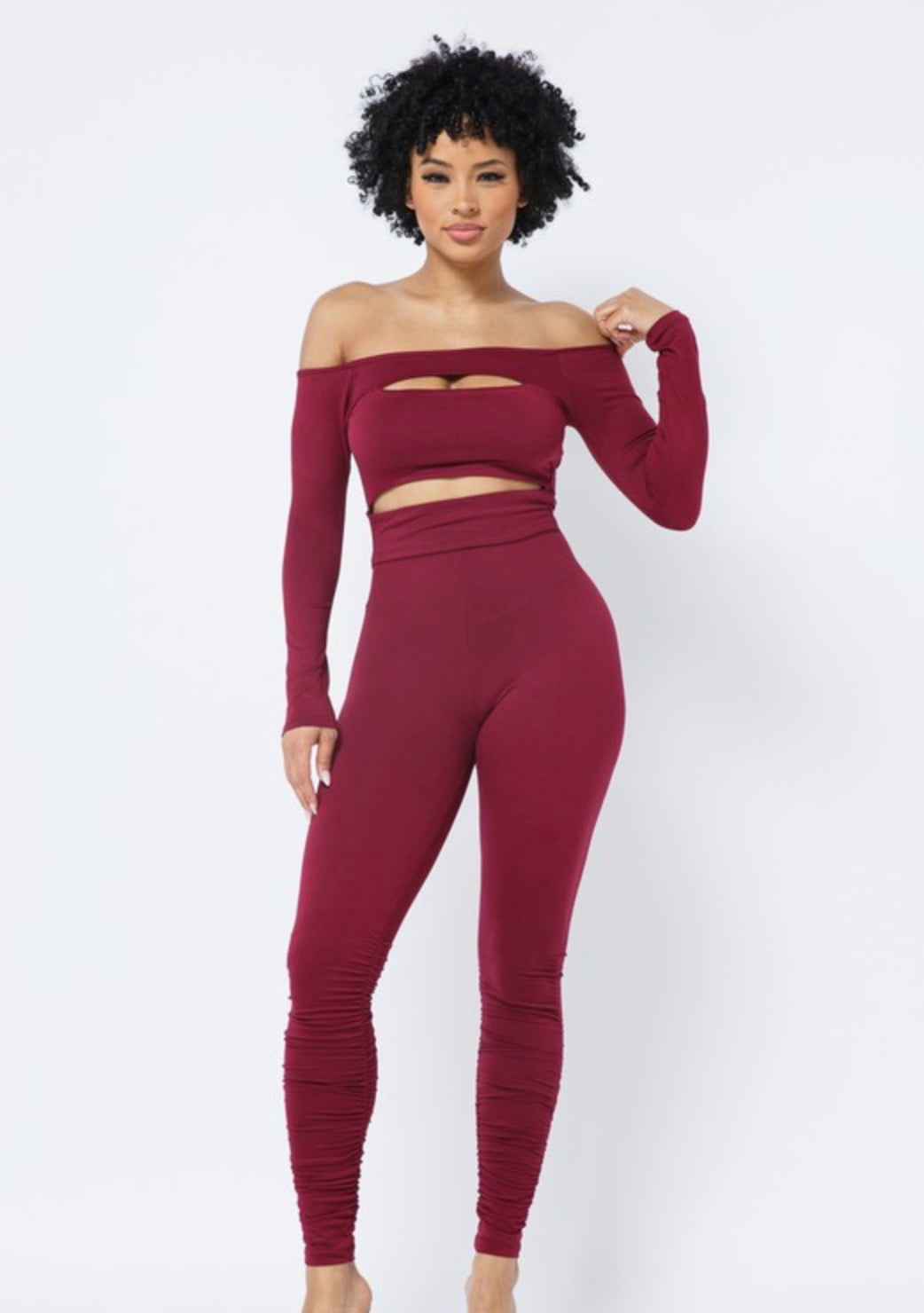 Cut Outs Long Sleeve Top Shirring Leggings Set
