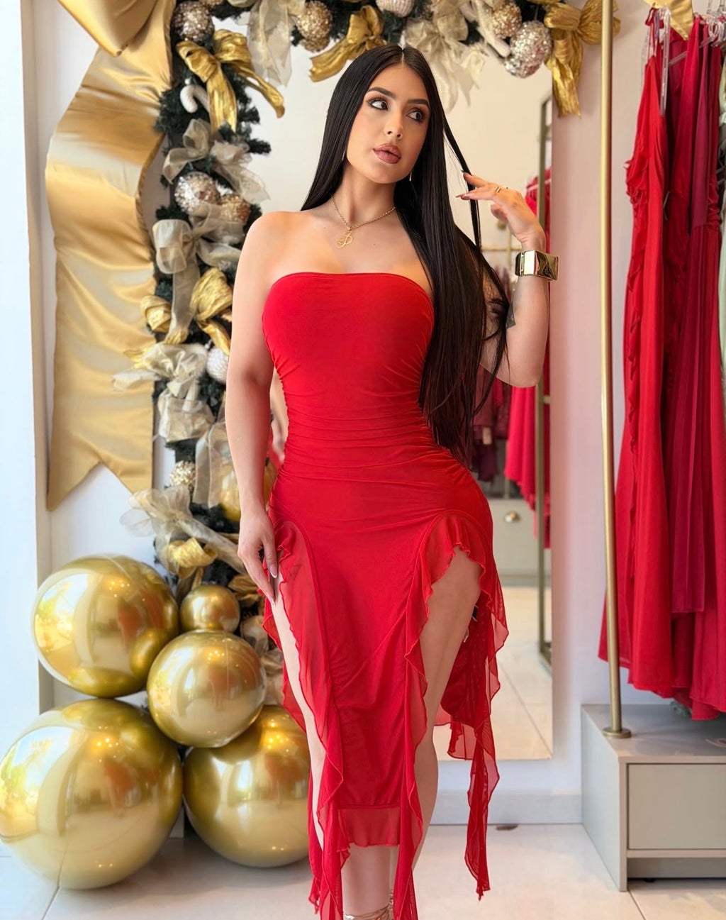 Sweetina Ruched Asymmetrical Hem Tube Dress