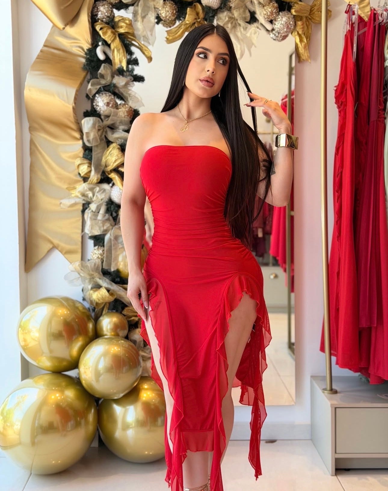 Sweetina Ruched Asymmetrical Hem Tube Dress