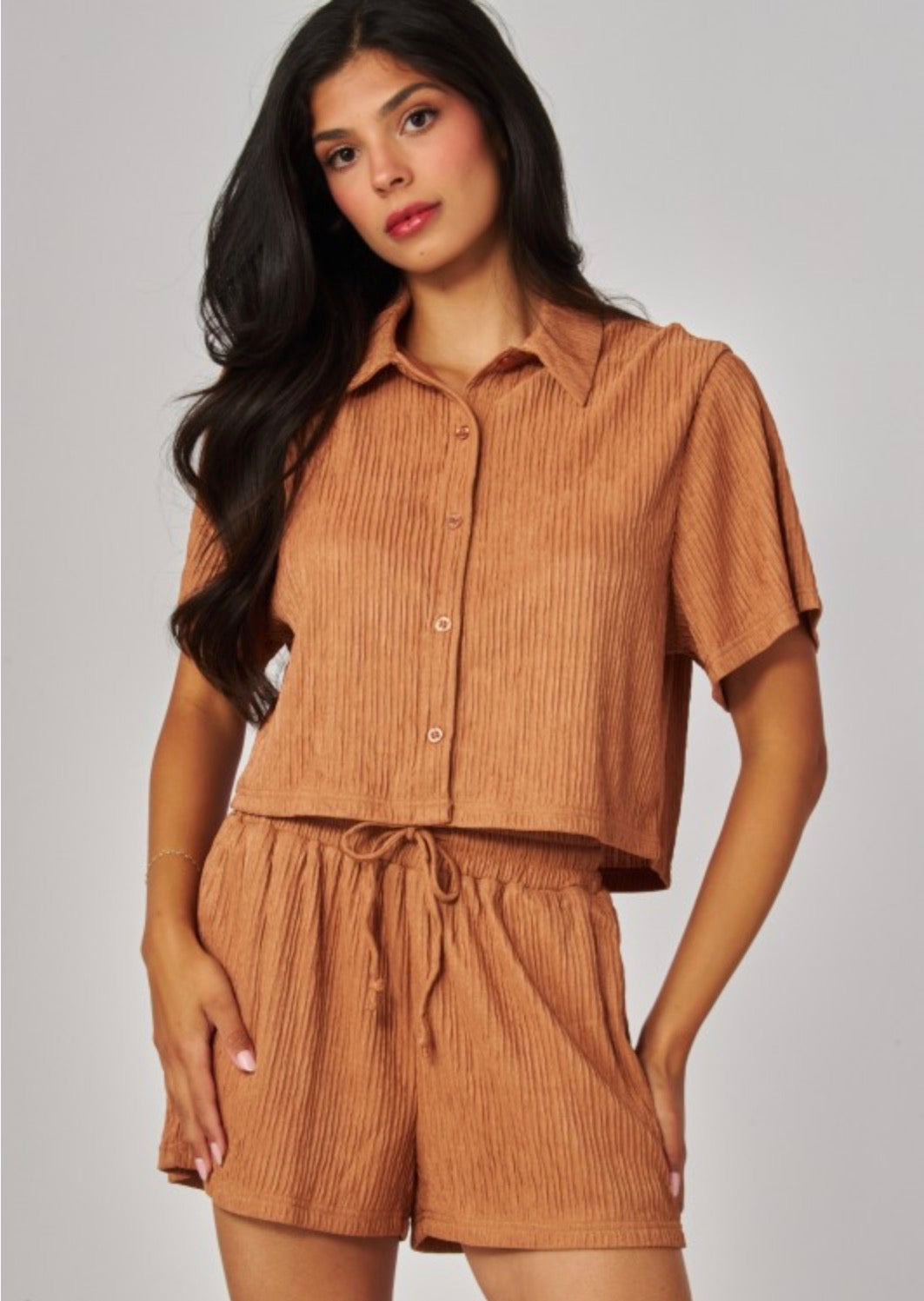 Crinkle Button Down Loungewear Shorts Set