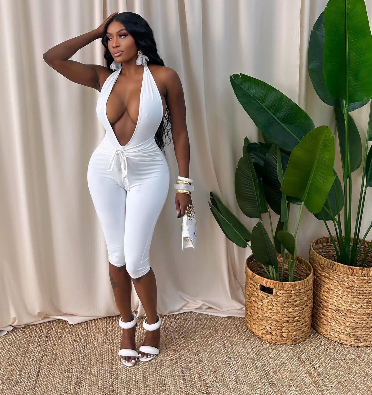 HALTER DEEP PLUNGE SOLID COLOR CAPRI JUMPSUIT