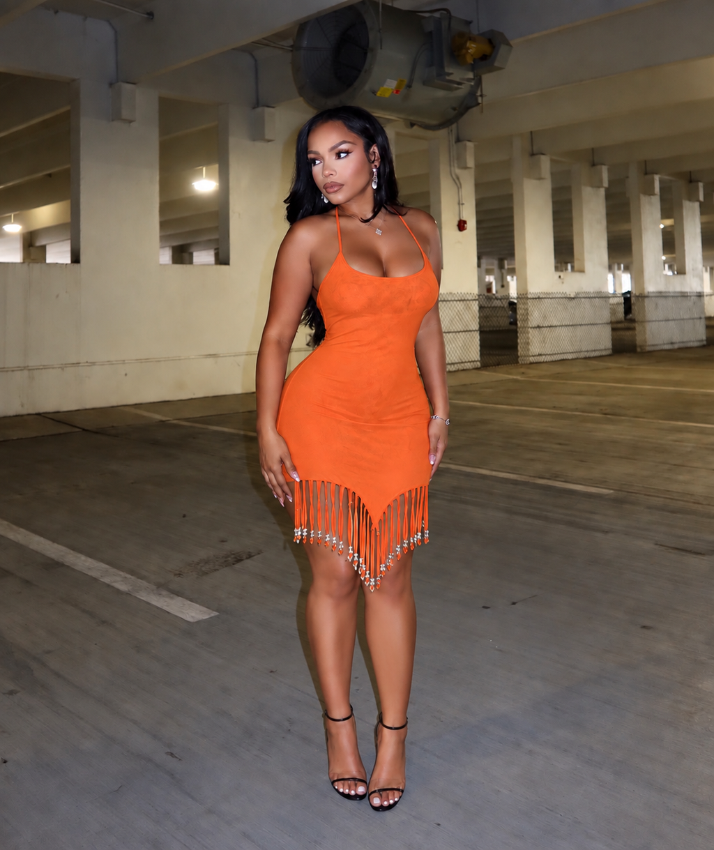 BEAD HALTER MINI DRESS