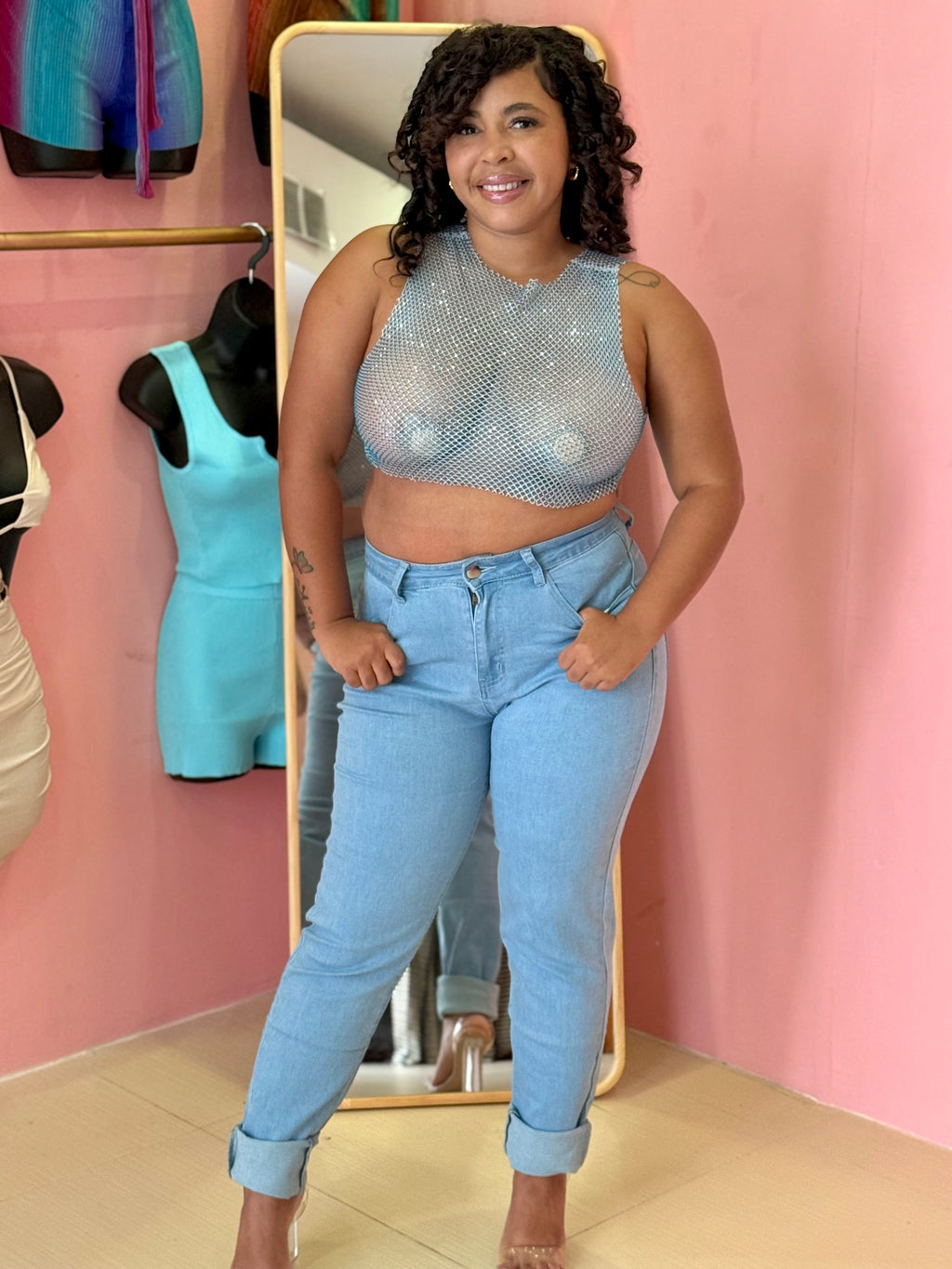 MESH FISH NET TOP & POCKETS 2PC DENIM SET