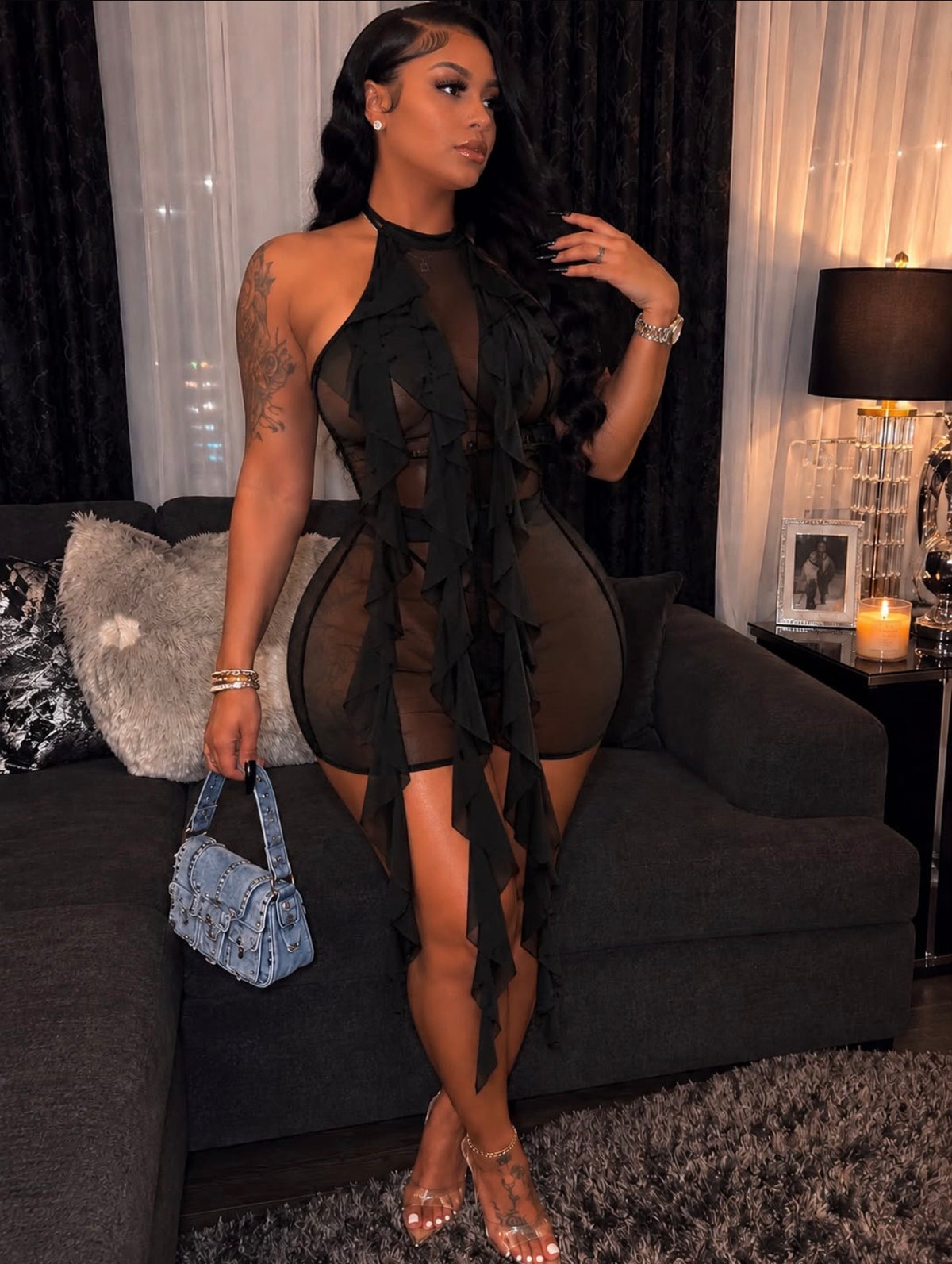 HALTER FRILL 2PC MESH SHORTS SET